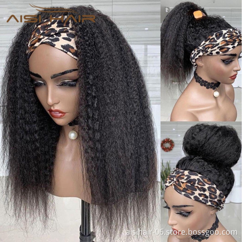 Cheap Wholesale Yaki Long Kinky Straight Headband Wig Raw Braillian Human Hair Curly Black Color For Black Women